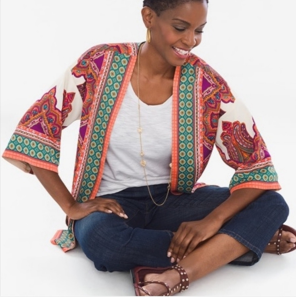 Chico's Multicolor Paisley Open Kimono - Cream, Pink, Green, Orange
